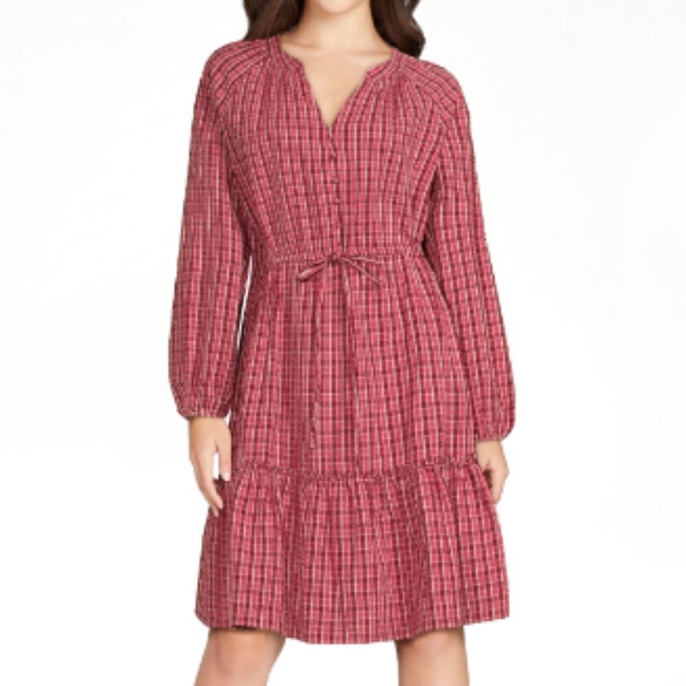 Time and Tru Women's Long Sleeve Micro Plaid Cotton Red Dress size L (12-14) NWT